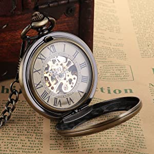 ManChDa Mens Pocket Watch Special Magnifier Mechanical Hand Wind Half Hunter Roman Numerals Antique Fob Watch with Chain + Gift Box(Bronze/Black)