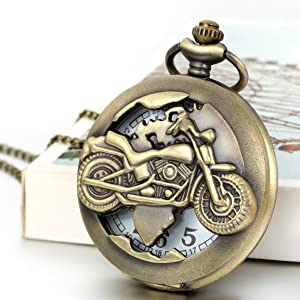 Jewelrywe Steampunk Pocket WatchBronze Biker Motorcycle Motorbike Moto Pocket Watch Necklace Pendant Mens Boys