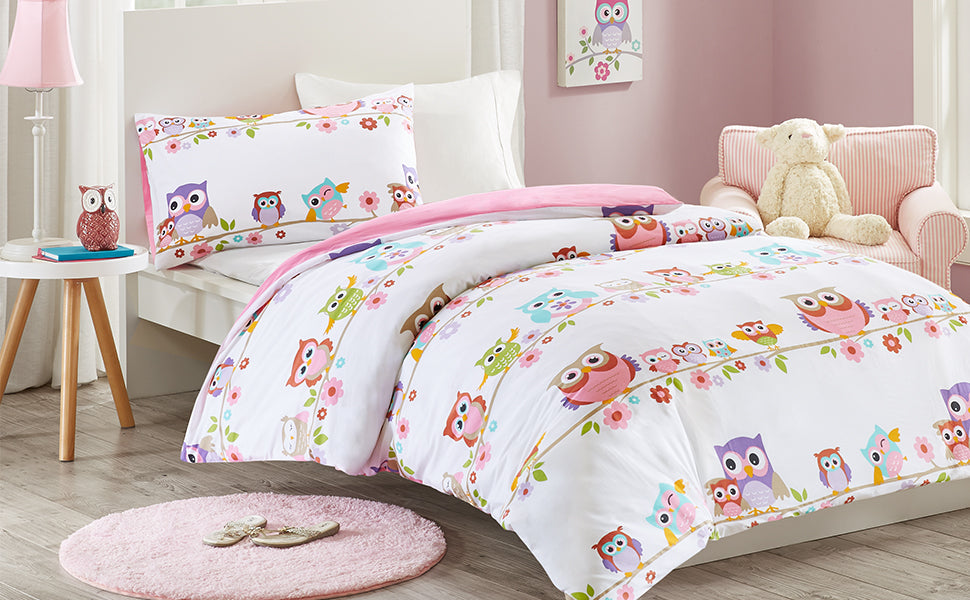 Owl Family Printed Duvet Cover Set Single Size - Pink & White Cute Animal and Floral Birds Pattern - 2 Pcs Ultra Soft Hypoallergenic 100% Cotton Children's Bedding (White/Pink, Pillowcase:50x75cm)