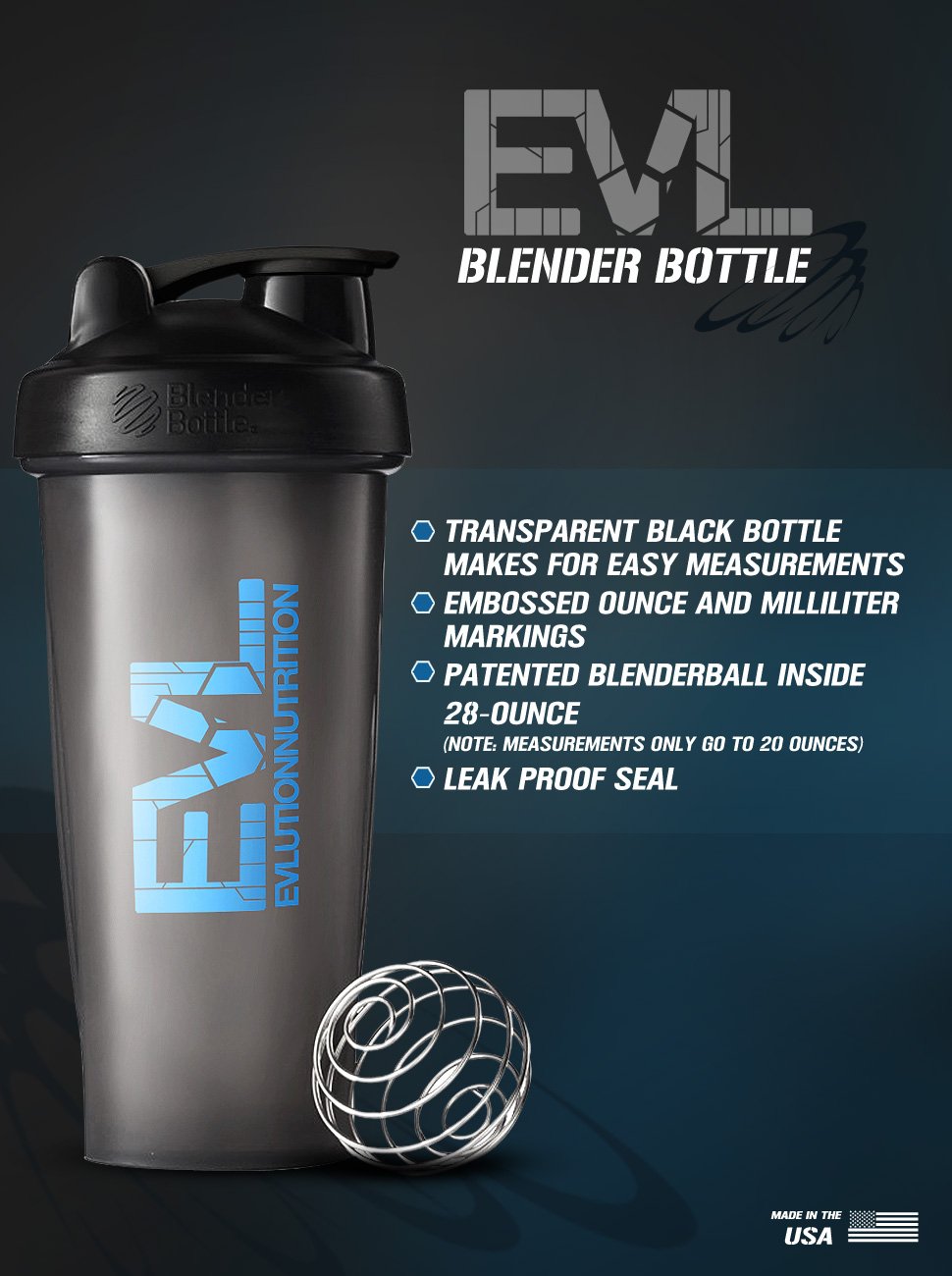 Evlution Nutrition Blender Bottle Black with EVL Logo 28 Ounces