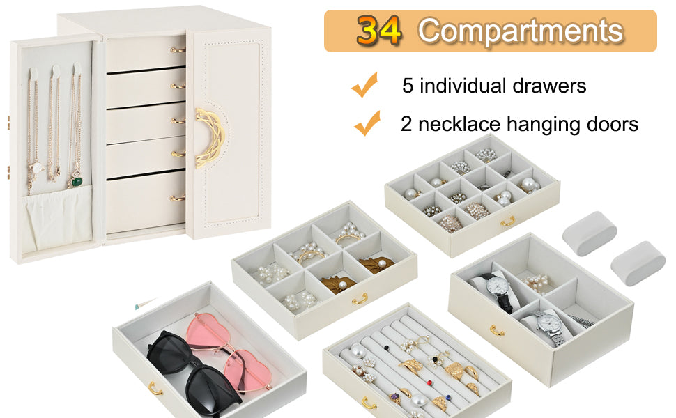 Large Jewellery Box Jewelry Organiser,5-Layer Jewelry Display Storage Case for Earring Necklace Bracelets Rings Watches Jewelry Holder (White)