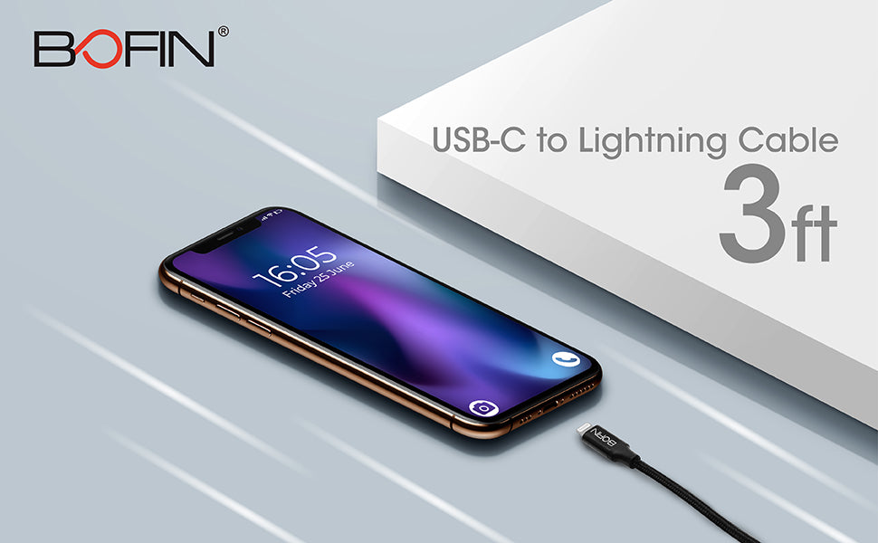 BOFIN, Lightning to USB C (3ft/0.9m Apple MFi Certified), Cable for iPhone iPad iPod nano and More, Supports Power Delivery (For Use With Type C Chargers)