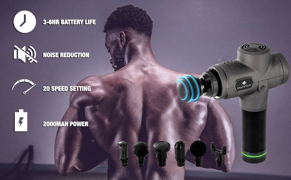 DESIRETECH Powerful Muscle Massage Gun with 20 Speeds, 6 Heads for Deep Tissue, Ultra Quiet & Rechargeable with LED Touch Screen
