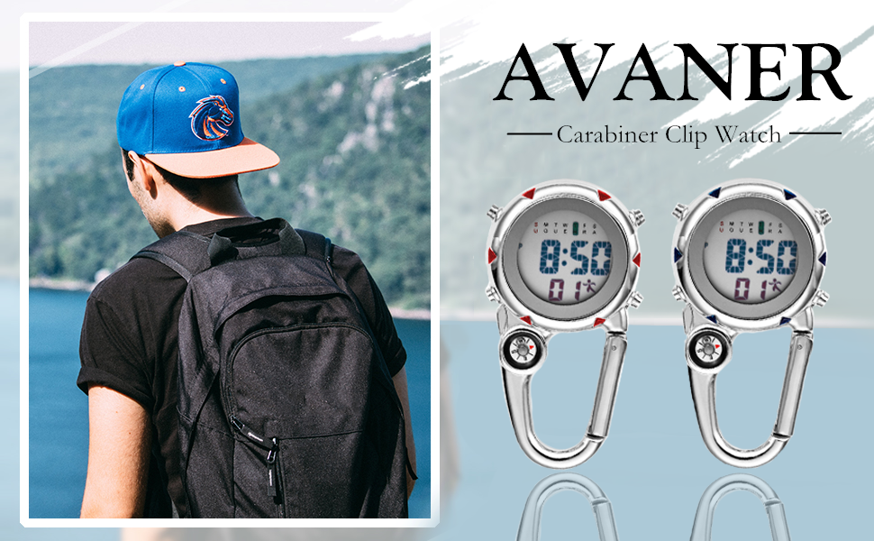 Avaner Men's Digital Fob Watch Carabiner Clip-on Watch Backpack Belt Pocket Watch with Compass for Hiking or Climbing