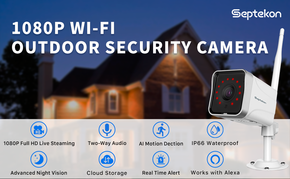Security Camera Outdoor, Septekon 1080P CCTV Camera Wireless WiFi, Waterproof Home Surveillance Camera with 2-Way Audio, Night Vision, Motion Detection, Cloud Storage, Work with Alexa - S50
