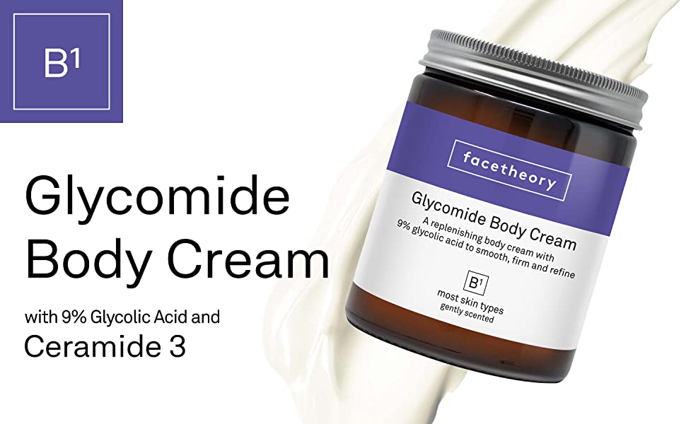 Facetheory Glycomide Body Cream B1 with 9% Glycolic Acid and Ceramide 3 | Smooths, Firms and Hydrates Dry Skin | Vegan & Cruelty-Free | Made in UK | Bergamot Fragrance | 170ml