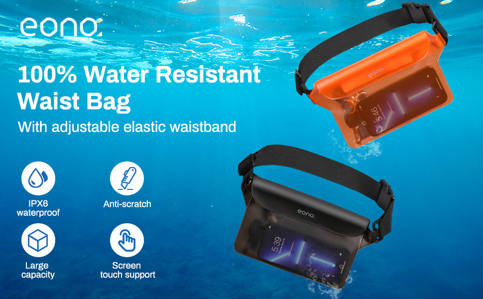Amazon Brand - Eono Waterproof Pouch Waist Bag with Adjustable Elastic Strap, Screen Touch Sensitive IP68 Water Resistant Bag for Diving, Beach, Swimming, Boating, Fishing, Hiking - Black and Orange