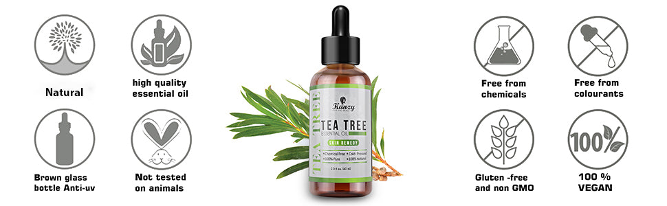 Kanzy Tea Tree Oil for Skin 60ml Treatment for Hair, Face, Acne Blemishes, & Nails Natural Vegan Organic Tea Tree Essential Oil