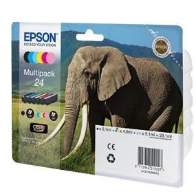 Epson 24XL Elephant High Yield Genuine Multipack, 6-colours Claria Photo HD Ink Cartridges, Black/Yellow/Magenta/Cyan, XL High Capacity