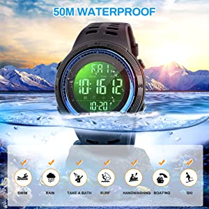 Mens Sports Digital Watch Welltop Waterproof Sports Watch Outdoor Running Watch with LED Backlight Timer Alarm Sport LED Wrist Watch for Men
