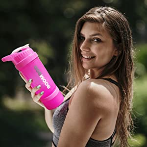 Boomboddle 600 ml Protein Shaker Bottle with Storage, 100% BPA and Lead Free, Leak Proof Fitness Sports Nutrition Supplements Mix Shake Bottle (Pink Colour)