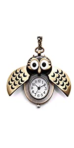 JewelryWe Blue Night Owl Quartz Pocket Watch Pendant 31" Chain Necklace (with Gift Bag)