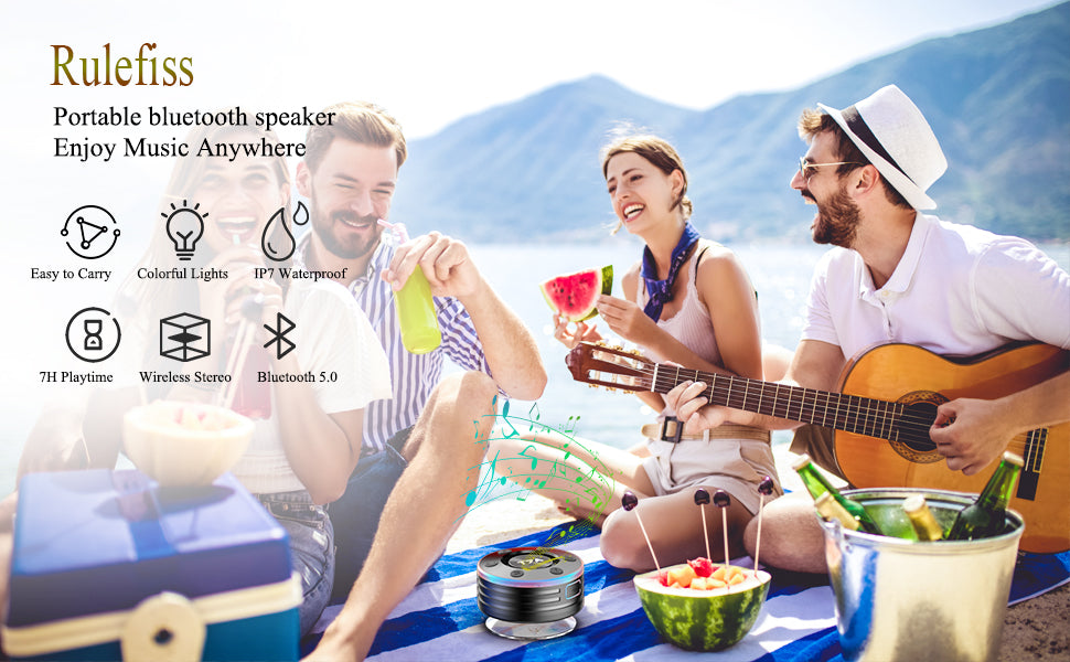 Bluetooth Shower Speaker, IPX7 Waterproof Portable Bluetooth Speaker with Suction Cup, Wireless Speaker 360°Surround Sound, LED Light Show, Built-in Mic, Outdoor Mini Speaker for Party, Travel, Beach