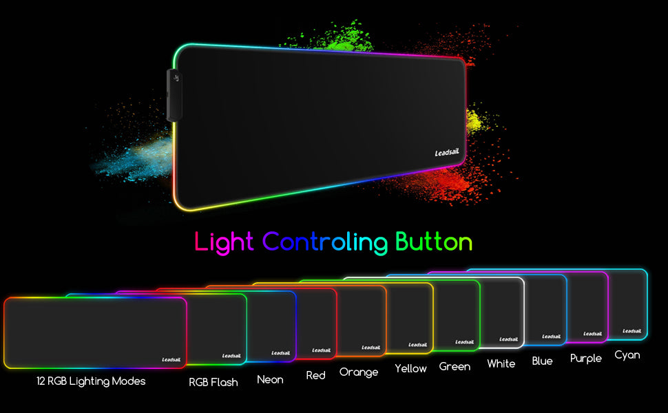 LeadsaiL Large RGB Gaming Mouse Mat 800*300*4mm with 12 Light Modes Extended Large Size Luminous Mousepad, Non-slip Rubber Base, Spill-Resistant Glowing LED Keyboard Mouse Mat for Laser/Optical Mice