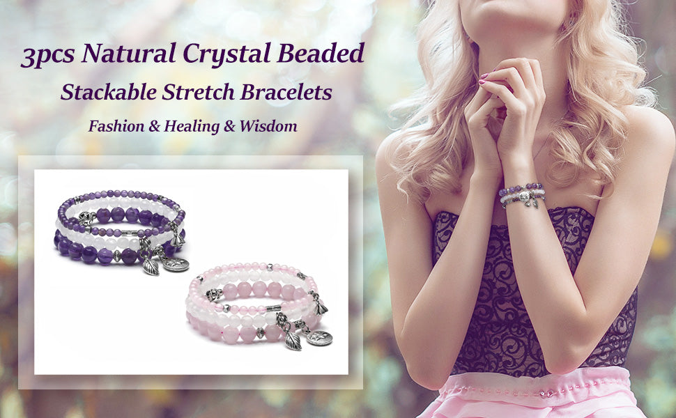 JSDDE Natural Crystals Bracelet Set Reiki Healing Crystal Gemstone Beads Stretch Bracelets with Lotus Leaf Charm for Women Christmas Gift