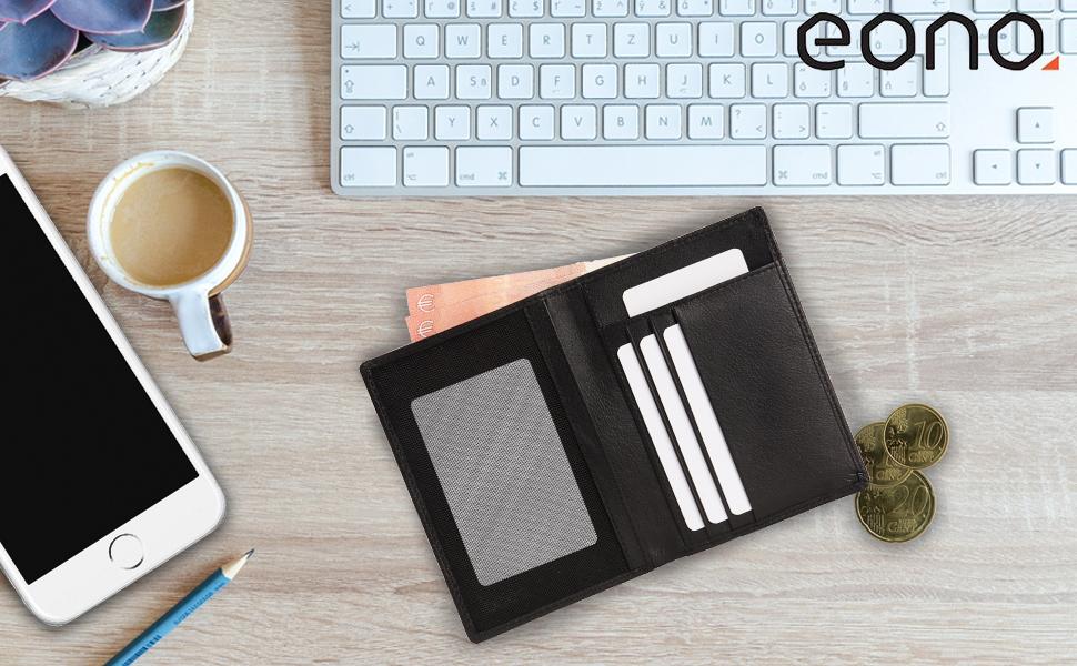 Amazon Brand - EONO ID Card Holder for Men Women, RFID Blocking Genuine Nappa Leather Slim Wallet with Zip Pouch (Navy Blue)
