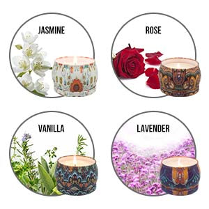 Scented Candles Gifts Set for Women:Aromatherapy Soy Wax Candle 4 PCS Lavender Vanilla Rose Jasmine 4.4 oz Contains Essential Oils for Stress Relief or Christmas Birthday Mother's Day