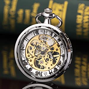 ManChDa Mens Steampunk Mechanical Pocket Watch Transparent Open Face Silver/Bronze Skeleton Dial with Chain + Gift Box