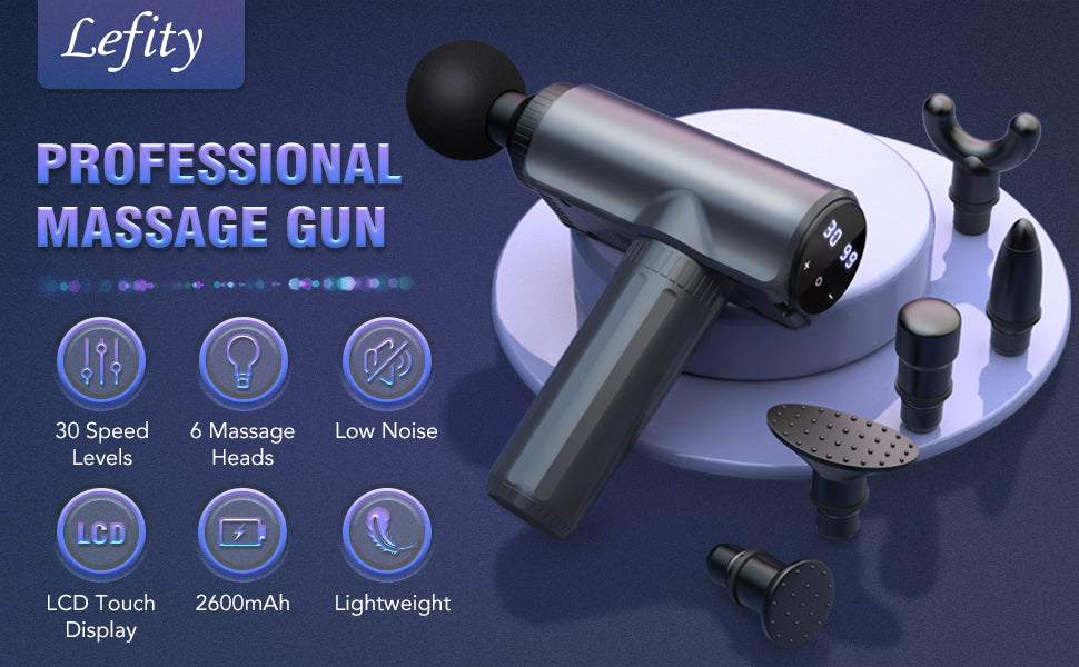 Massage Gun Deep Tissue, Lefity Muscle Massage Gun, 30 Speeds and 6 Massage Head 2600mAh Electric Handheld Muscle Massager with Type-C Charging for Muscle Pain Relief