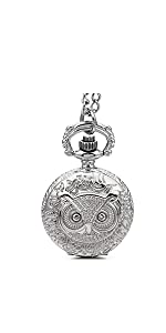 JewelryWe Blue Night Owl Quartz Pocket Watch Pendant 31" Chain Necklace (with Gift Bag)