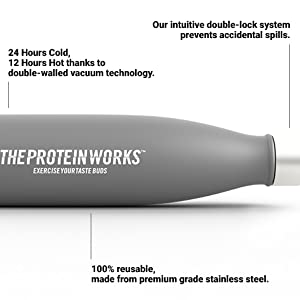 Protein Works - 365 Reusable Water Bottle | Leak-Proof, Stainless Steel | BPA Free | Double Walled Vacuum - 24 Hours Cold & 12 Hours Hot | 500 ml