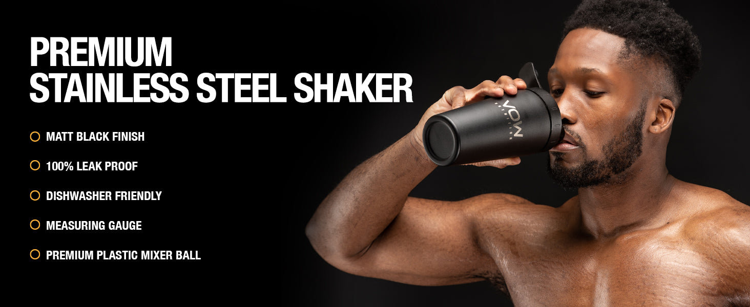 Premium Stainless Steel Matt Black Protein Shaker | Durable Water Bottle, Leak Proof, Dishwasher Safe | VOW Nutrition, 750ml (750 ML, Matt Black)