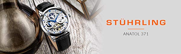 Stührling Original Mens Watch Stainless Steel Automatic Skeleton Dial Dual Time AM/PM Sun MoonGenuine Leather Strap 371 Watches for Men Series