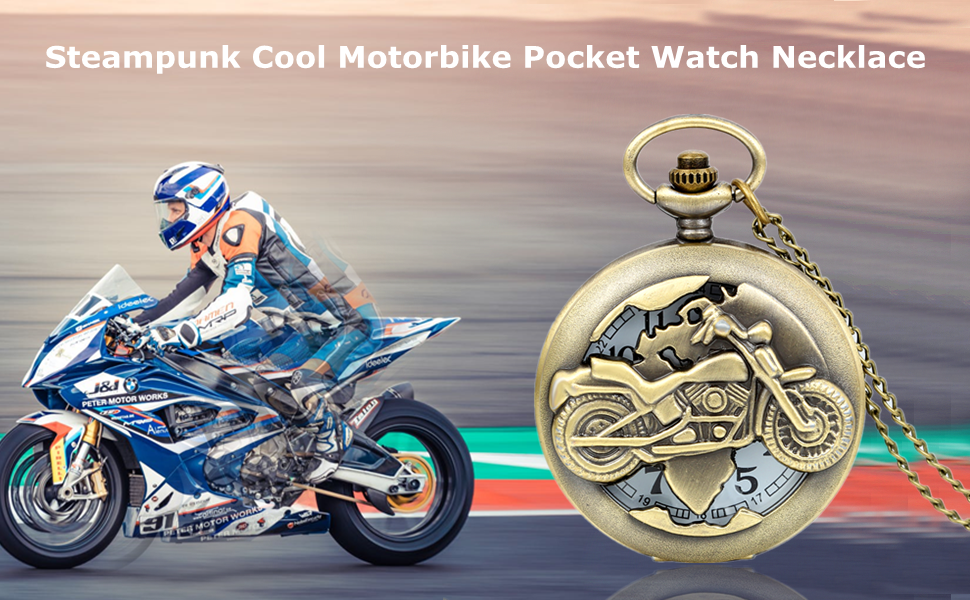 Jewelrywe Steampunk Pocket WatchBronze Biker Motorcycle Motorbike Moto Pocket Watch Necklace Pendant Mens Boys