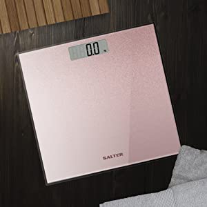 Salter 9037 RGGL3R Rose Gold Glitter Digital Bathroom Scale, Ultra Slim Toughened Glass Platform, Large Easy Read LCD Display & Instant Weight Read Step On Feature, Max Weight 180Kg/ 28st 8lbs