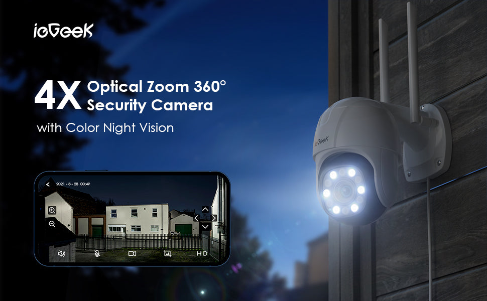 【4X Optical Zoom】ieGeek 360° Security Camera Outdoor, Auto Tracking CCTV Camera Systems with Color Night Vision, 1080P WiFi Wireless PTZ Home Security Camera, Human Motion Detection, Voice Intercom