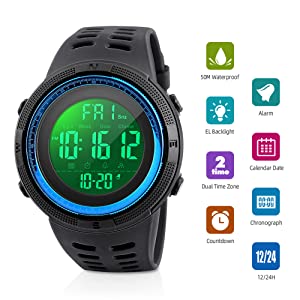 Mens Sports Digital Watch, Welltop Waterproof Sports Watch Outdoor Running Watch with LED Backlight, Timer, Alarm, Sport LED Wrist Watch for Men