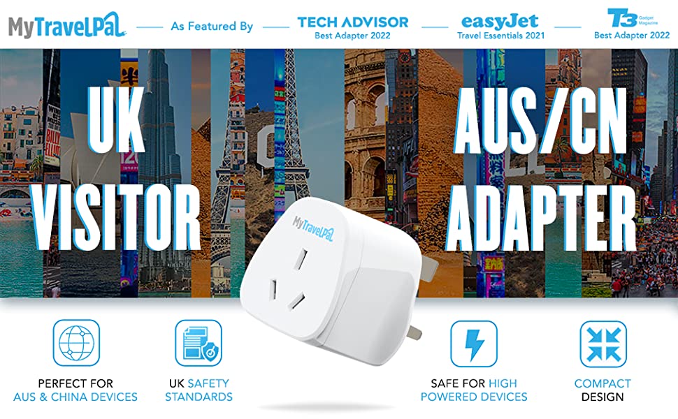 Australia To UK Plug Adapter | Australia NZ China To UK MyTravelPal® Travel Adaptor With 10A Fuse | For Australia, China, New Zealand, Argentina Plugs in UK (1 Pack)