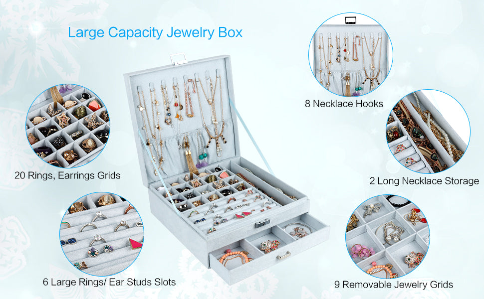 2 Tiers Jewelry Box with Drawer and lid, Multi-Function Slot Velvet Jewellery Organiser with lock, Jewelry Display Box for Necklace, Bracelets, Rings, Earrings, Watches