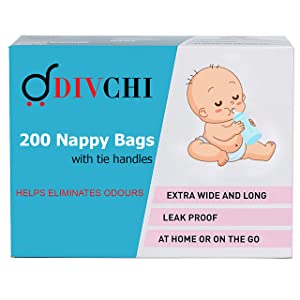 DIVCHI Baby Disposable Diaper Sacks Bags Dispenser Antibacterial Power Scented Nappy Disposal Bags Easy-Tie for Travel - 4 x 200 Pack (800 in Total)