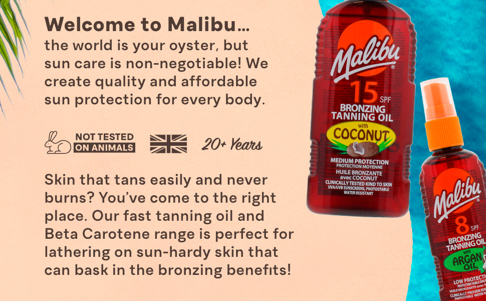 Malibu Sun Bronzing Fast Tanning Oil with Beta Carotene, Water Resistant, Tropical Coconut Fragrance, 200ml
