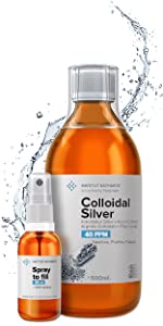 Highest Purity Colloidal Silver 300mL ● 40 PPM ● Free Spray to Fill ● Superior Concentration, Smaller Particles, Better Results ● Certified by 3 Independent Laboratories ● Institut Katharos