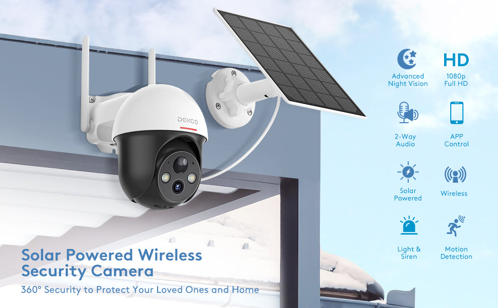 Solar Security Camera Wireless Outdoor, Battery Powered 2.4G WiFi 360° View Pan Tilt Strobe Light/ Spotlight Home System with Motion Detection and Siren, Two-Way Audio, IP65, Color Night Vision