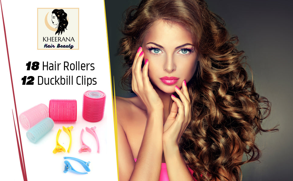 KHEERANA 30 Pieces Hair Rollers - 18 Self Grip Rollers, 12 Duckbill Clips - Salon Hairdressing Hair Curlers 44mm, 36mm And 25mm for Curling and Hair Styling (Rollers+Clips) (30 PCS)