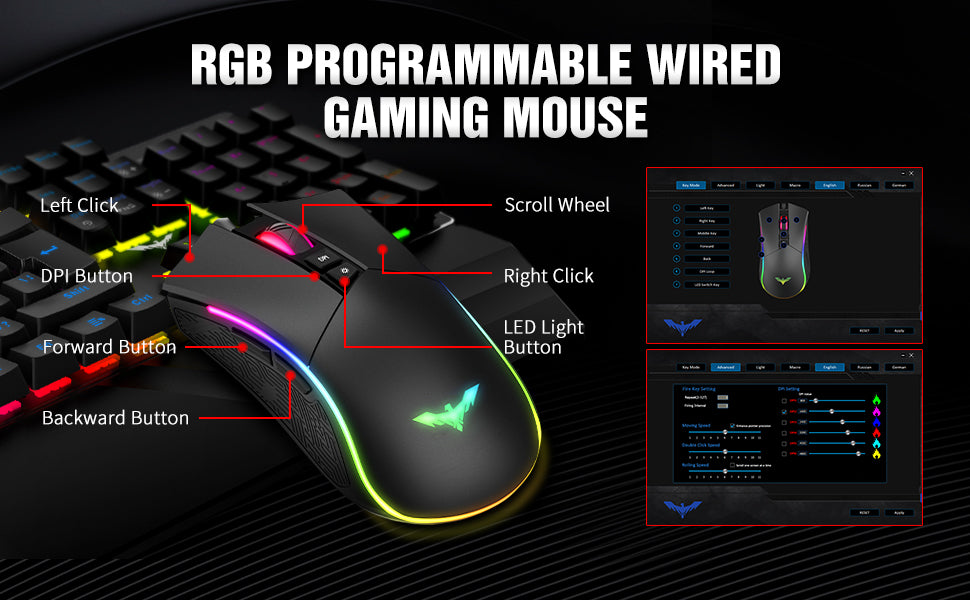 havit RGB Gaming Mouse Wired Programmable Ergonomic USB Mice 4800 Dots Per Inch 7 Buttons & 7 Color Backlit for Laptop PC Gamer Computer Desktop, Right-handed (Black)
