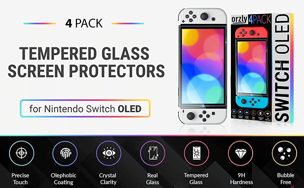 Orzly screen protectors bundle for Nintendo switch OLED console 2021 model - 4 Pack tempered glass with easy installation accessories Lifetime edition
