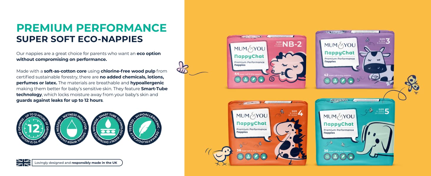 MUM & YOU Premium Performance Nappychat Eco-Nappies, Size 5 (36 Nappies) with Smart Tube Technology for Extra Leak Protection