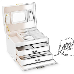 Jewellery Box, Jewellery Organiser with 2 Drawers Three Layers PU Leather Jewelry Velvet Storage Case with Mirror and Lock, For Storing Rings, Bracelets, Earrings, Necklaces, Female Gift - White