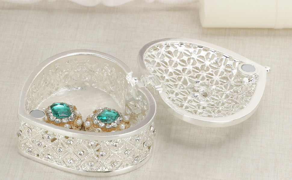BSTKEY Crystal Metal Jewelry Box Small Trinket Storage Organizer Box, Decorative Mini Storage Box for Rings Earrings 6.3x6CM (Heart Shape)