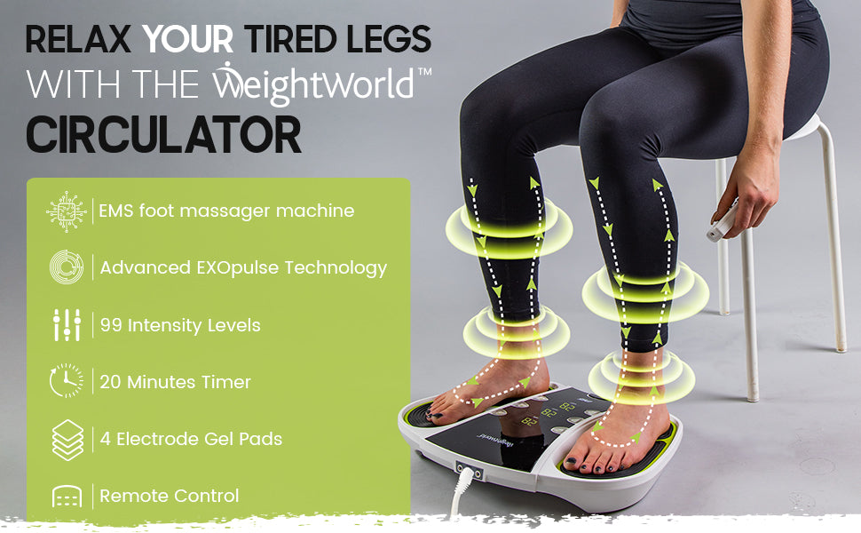 Weightworld Circulation Machine - Lightweight Circulator - Body & Foot Massager for Circulation - for Tired Feet, Legs, Calf - EMS Leg Massager Machine with 99 Intensity Levels, Gel Pads & Remote