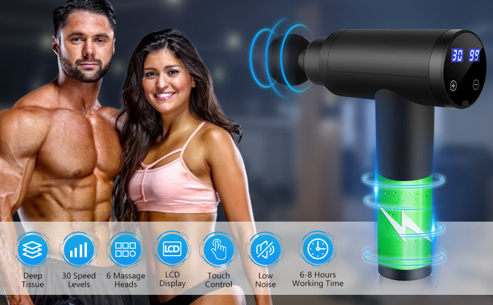 Muscle Massage Gun, Deep Tissue Percussion Massager Gun, 30 Speed Levels, LCD Touch Screen, 6 Massage Heads, Portable Handheld Muscle Physion Massager for Athletes Muscle Soreness Relief