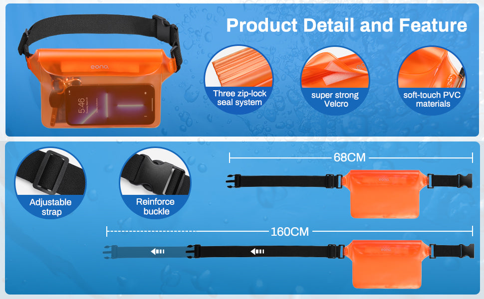 Amazon Brand - Eono Waterproof Pouch Waist Bag with Adjustable Elastic Strap, Screen Touch Sensitive IP68 Water Resistant Bag for Diving, Beach, Swimming, Boating, Fishing, Hiking - Black and Orange
