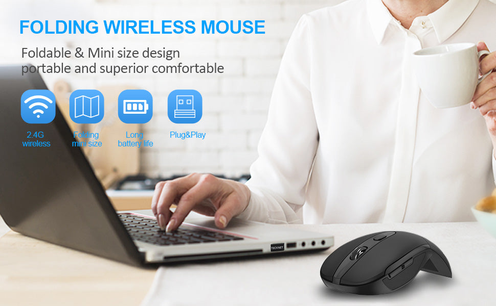 TECKNET Foldable Wireless Mouse, Portable Mini Mouse with USB Receiver, 6 Buttons, Compatible with Laptop,Notebook,Desktop Compute-Black