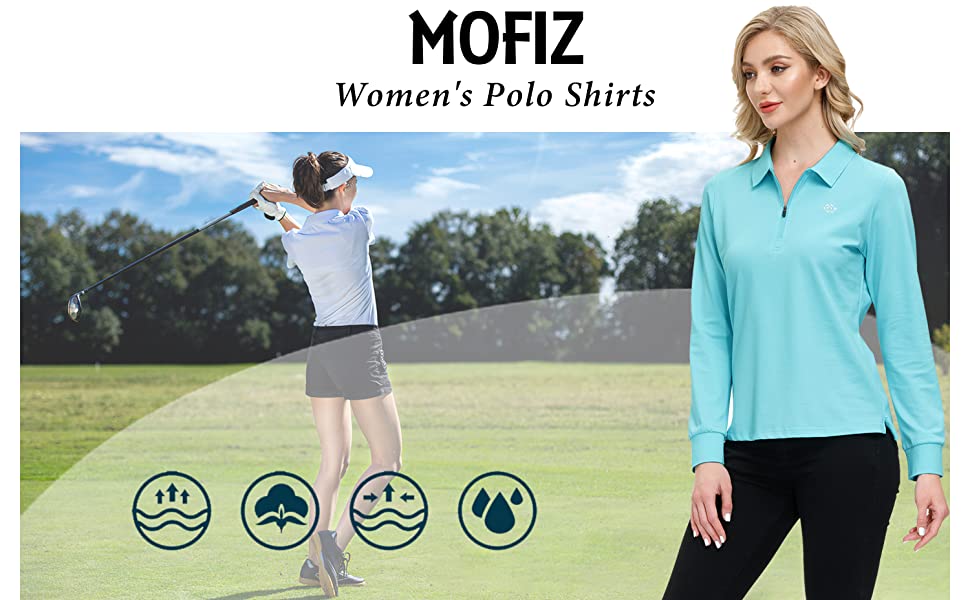 MoFiz Women's Long Sleeve Polo Shirts Cotton Golf Tops Casual Sports Polo T-Shirt with 1/4 Zipper
