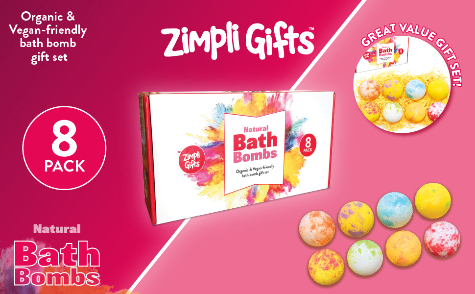 8 x Bath Bombs Gift Set from Zimpli Gifts for Women, Her, Girls, Girlfriend, Handmade Moisturising Bath Bombs, Bath Bomb Gift Set, Vegan Friendly and Cruelty Free