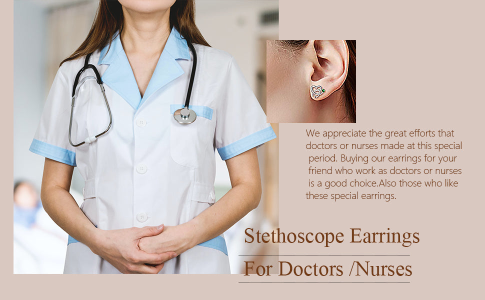 AOBOCO Sterling Silver Stethoscope Earrings Studs Heart Ear Stud Nurse Jewelry with CrystalGift for Doctor Nurse Medical Student
